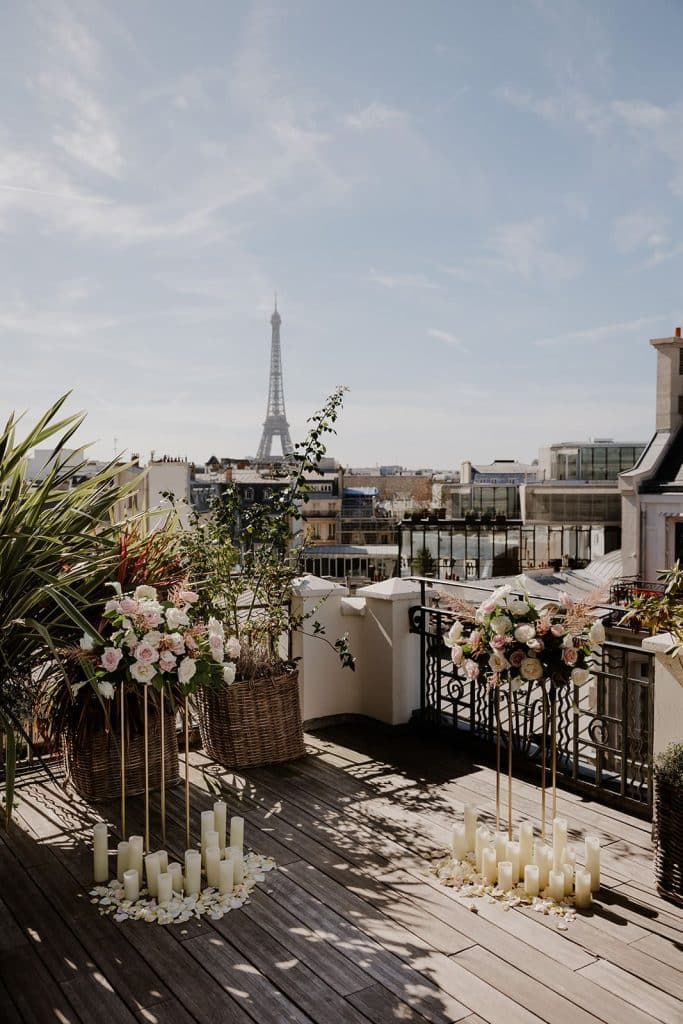 Spring wedding cocktail on a Paris rooftop